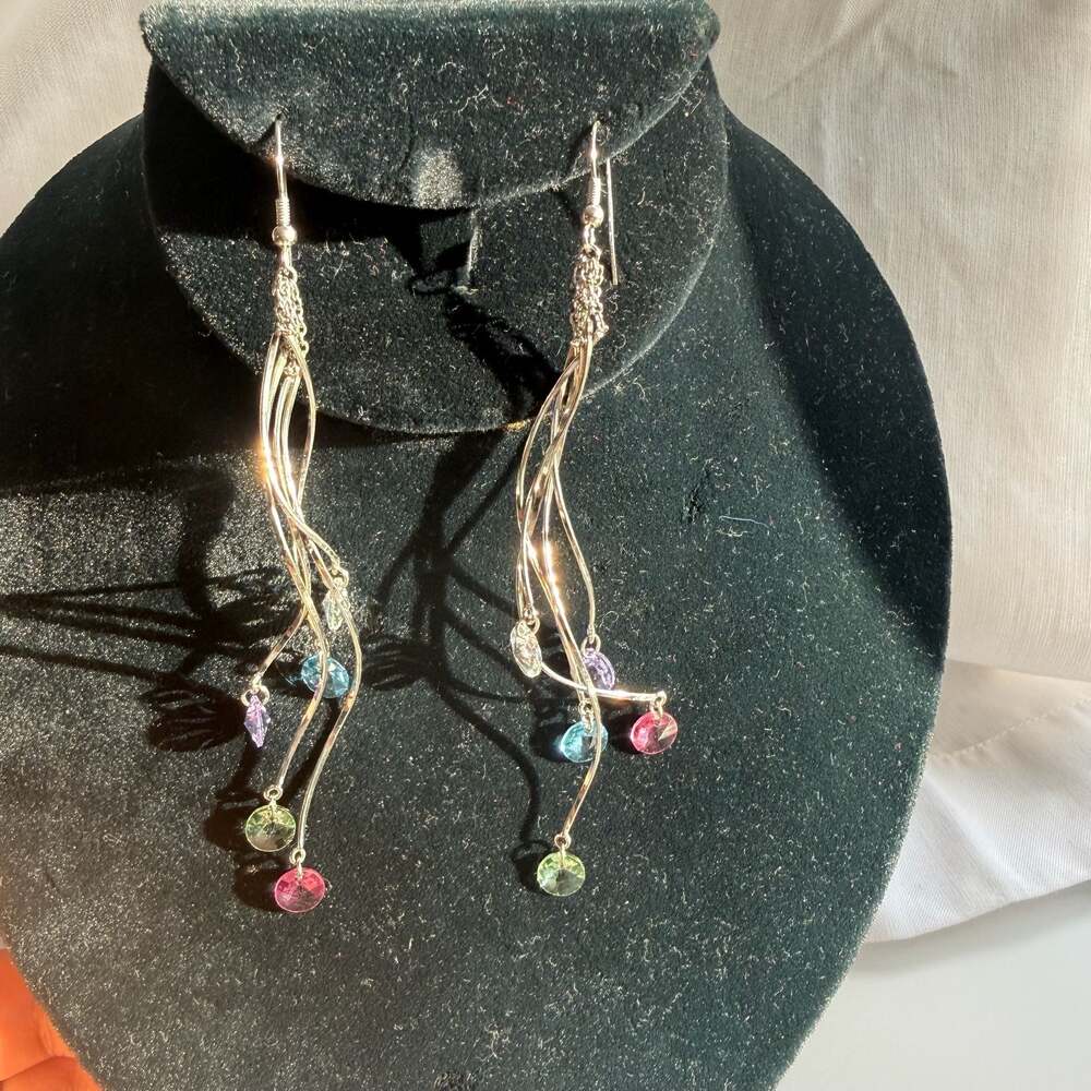 Silver-Tone Multi-Color Crystal Faceted Dangle Cascade Earrings